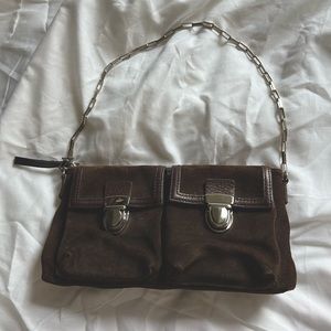 Super cute small brown clutch with silver strap chain and 2 front pouches